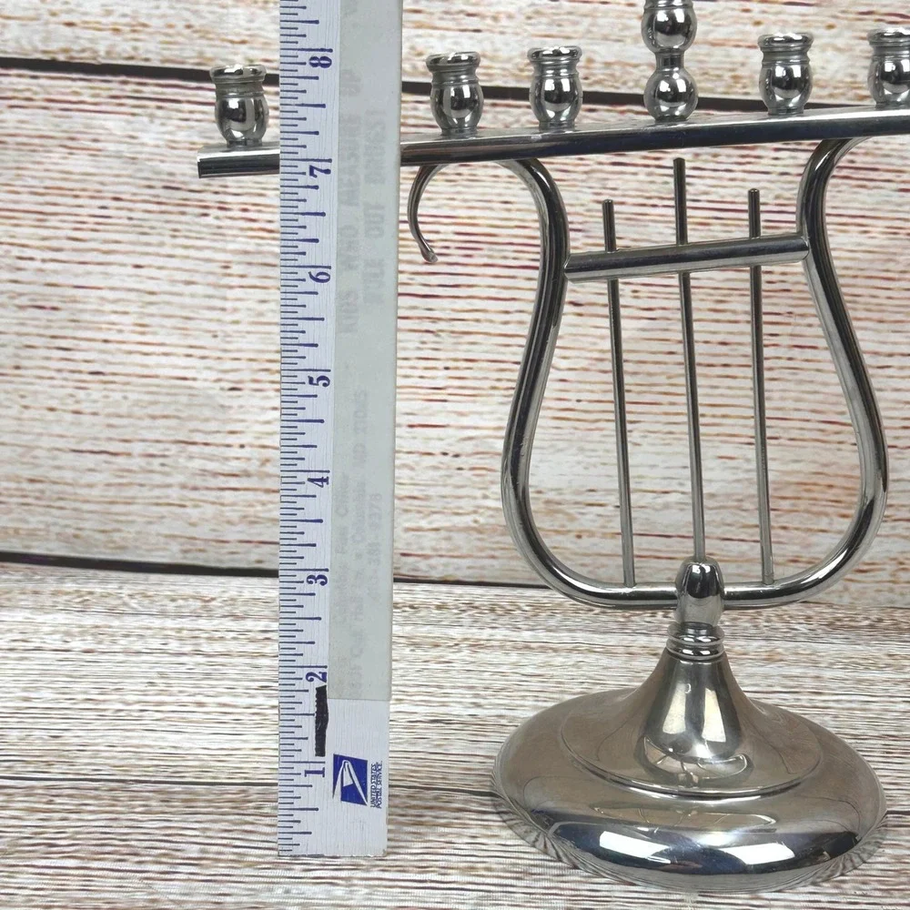 Vintage R.C. Silver‎ Tone Lyre Harp Hanukkah Tilted Menorah Chanukiah